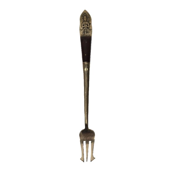 Vintage Olive Fork Buddha Bronze Brass Rosewood Siam Thailand 3 Tine 7.75” - Picture 2 of 7